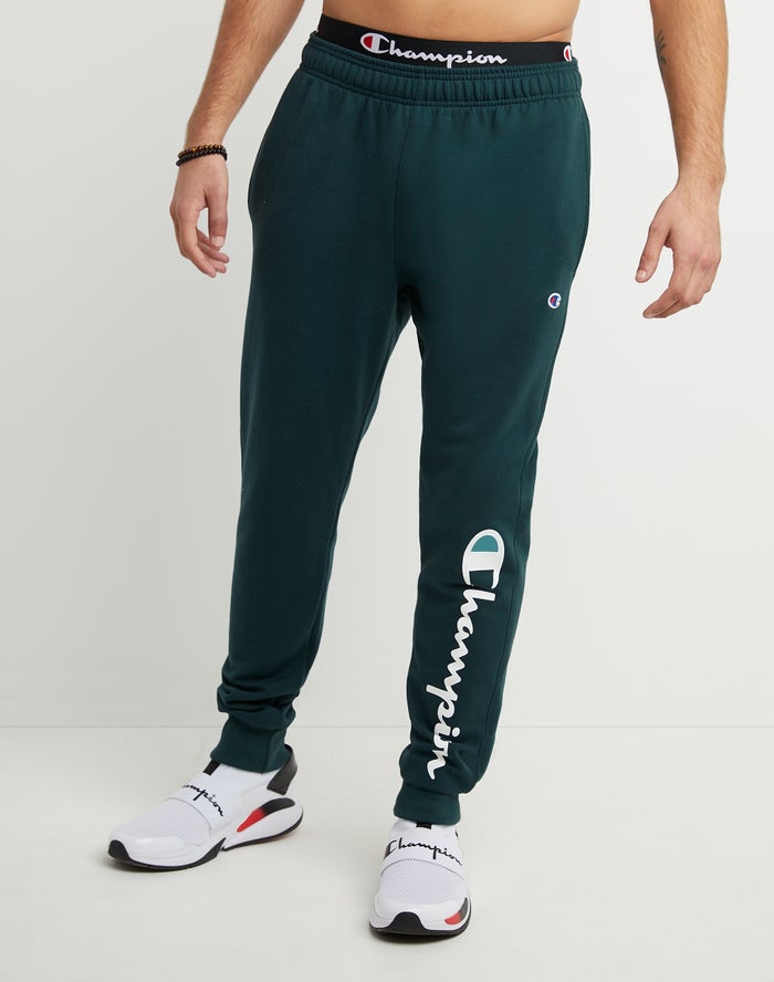 Champion Herre Joggingbukser Grøn - Powerblend Fleece Script Logo - Danmark UNA-423910